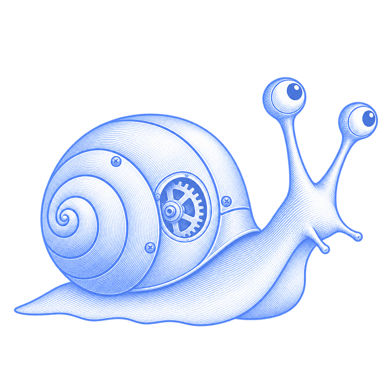 Ancilo mascot: a curious snail carrying a mechanical shell.