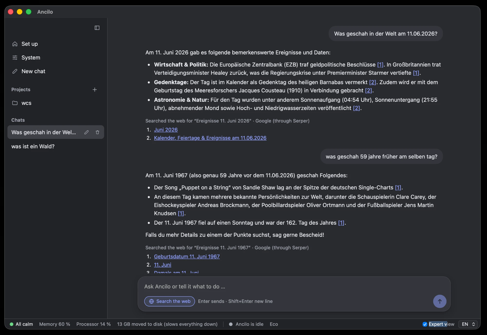 A chat in Ancilo: two answers about 11 June 2026 and 1967, each with numbered sources and the search query used.