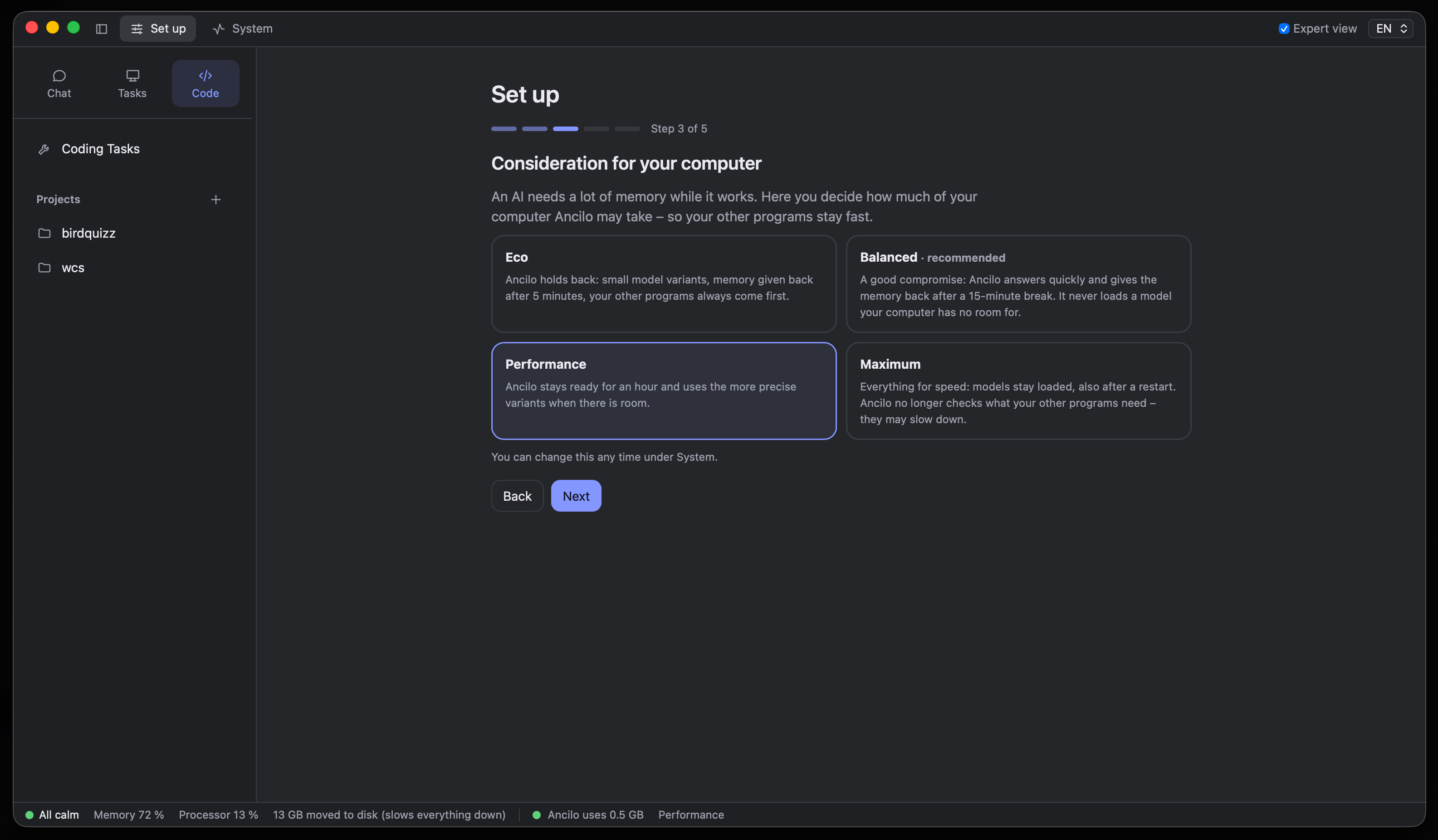 Setup with four resource profiles: Eco, Balanced, Performance and Maximum.