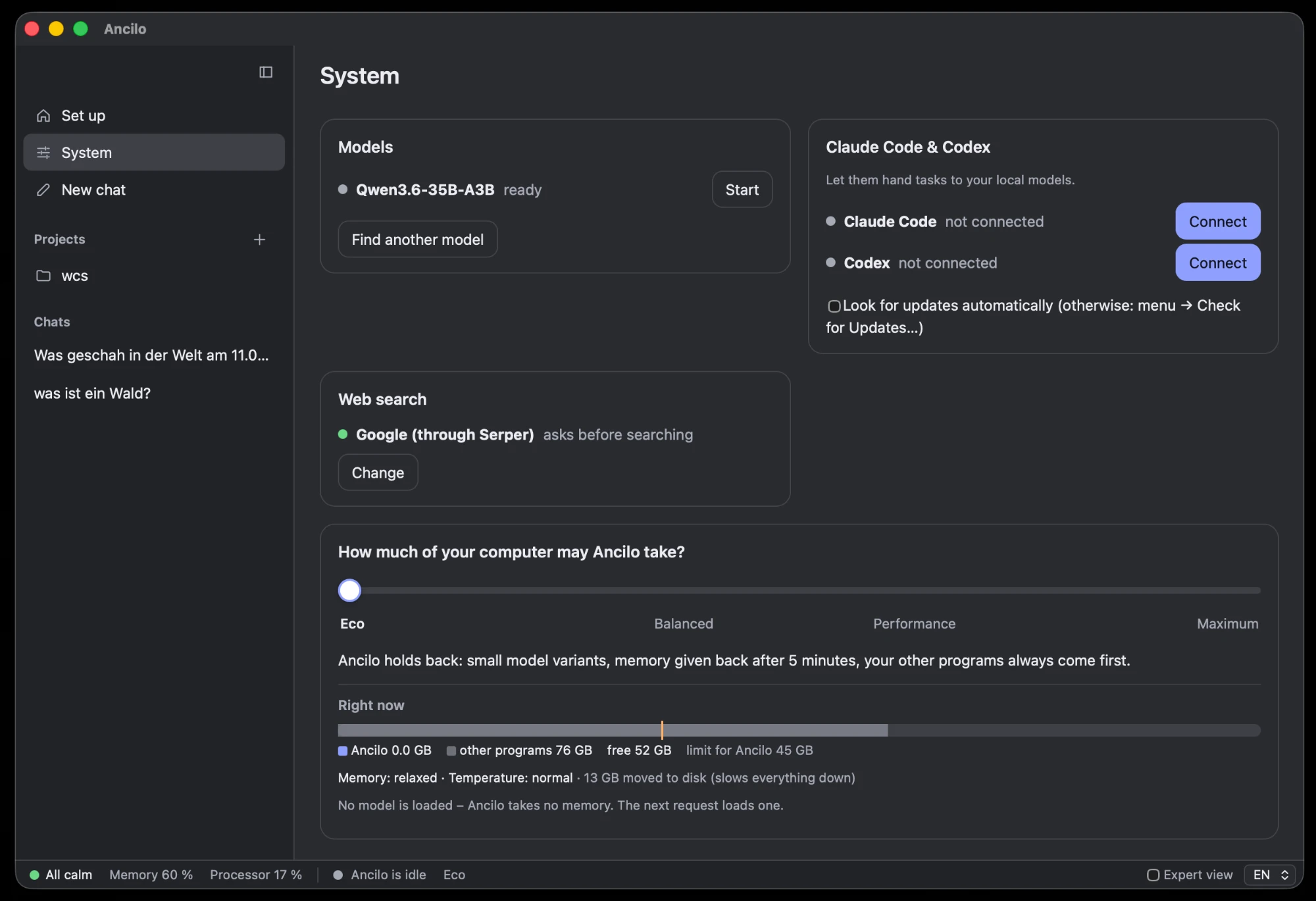The System page of Ancilo: models, Claude Code and Codex, web search, and a memory bar for Ancilo and other programs.
